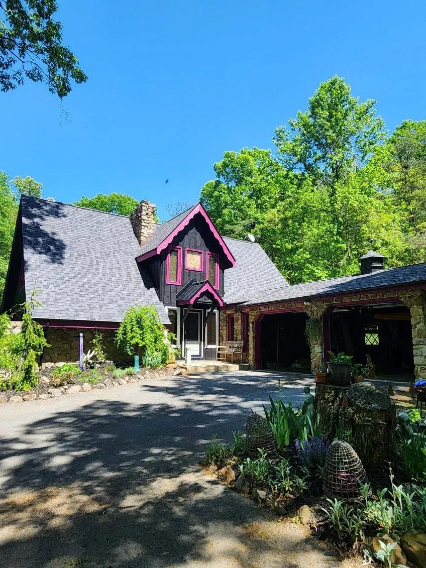 Historic home with pitched roof surrounded by plants and trees