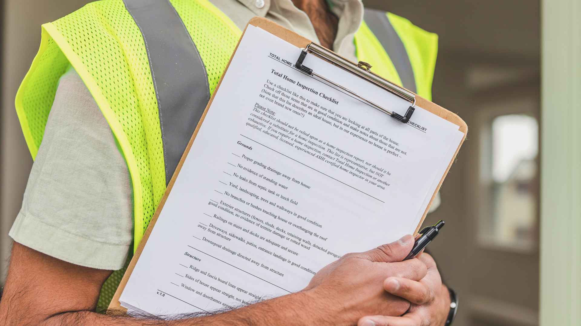 Close-up of a home inspector's hand holding a clipboard with a "Total Home Inspection Checklist" document