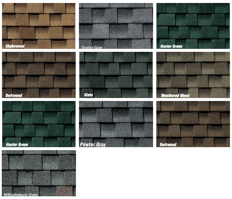 A grid of shingles including Shakewood, Oyster Gray, Hunter Green, Barkwood, Slate, Weathered Wood, Hunter Green, Pewter Gray, Barkwood, and Williamsburg Slate