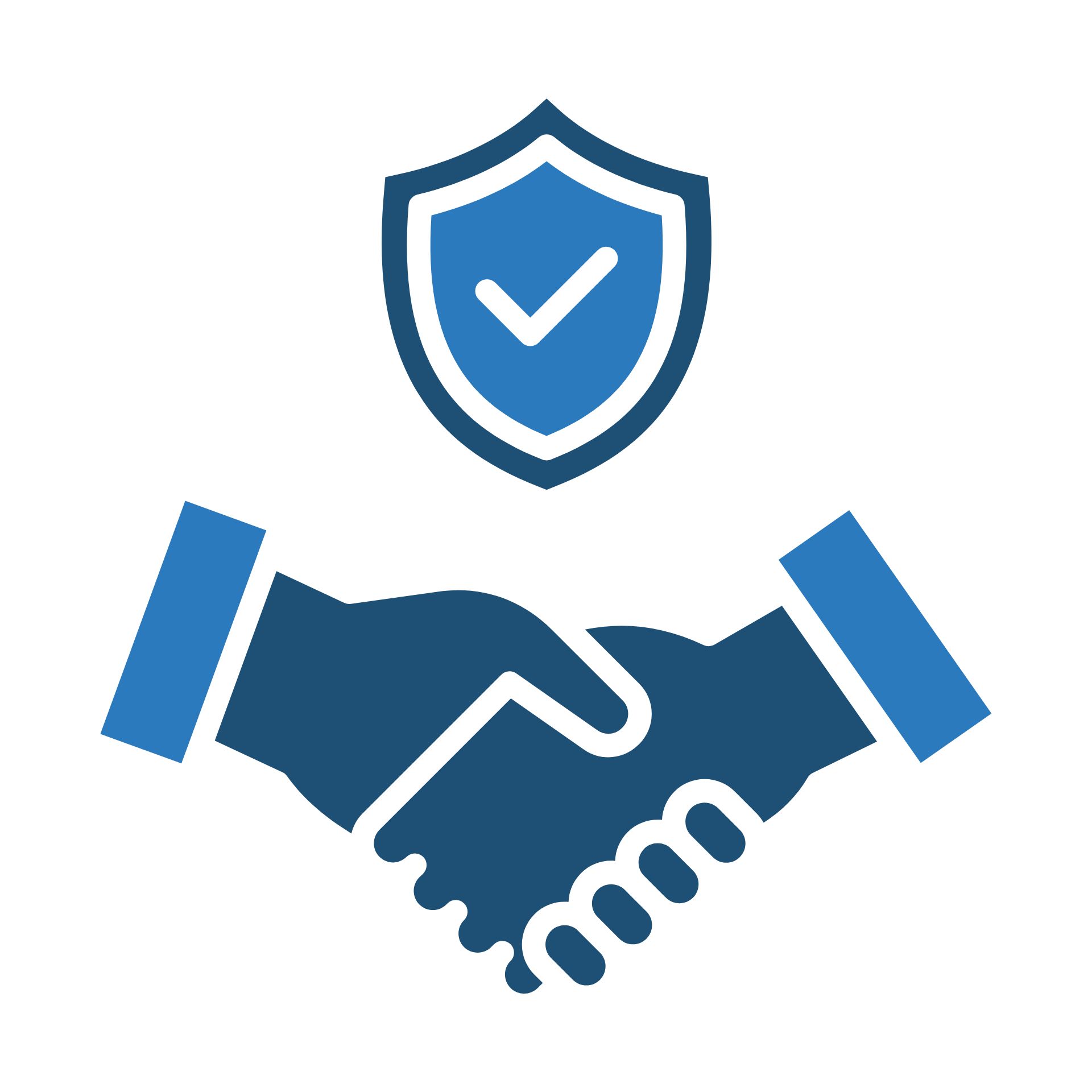Icon with a checkmark inside a shield and two hands shaking under it